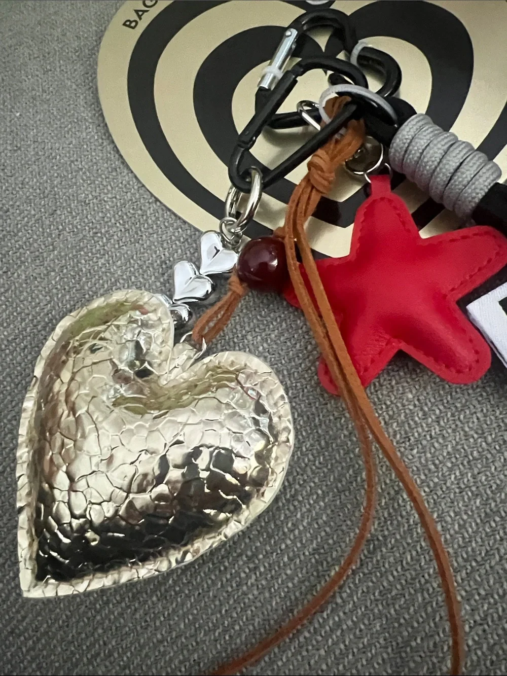 Bag Charm Keychain with Red Star & Metallic Heart